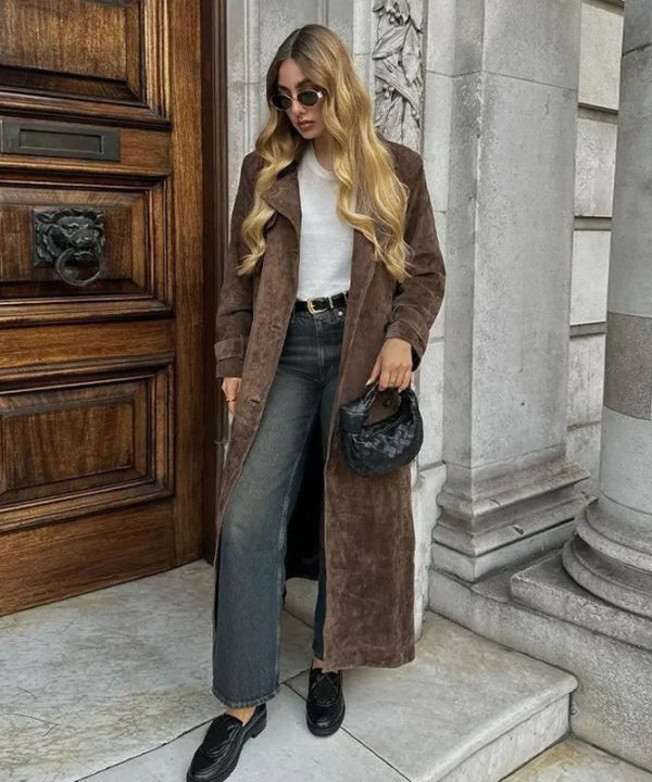Double Breasted Lapel Shift Coat With Belt Fashion Vintage Suede Long Coat Winter Outwear Women's Clothing